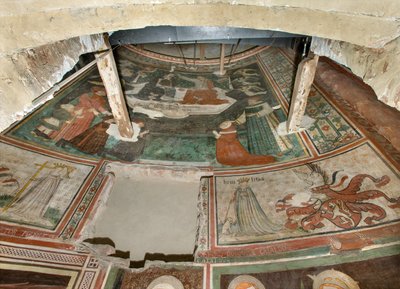 Kuzey Transept, Başmelek Aziz Mikail Sunağı, Altarpiece Arkasında Bonifacio Bembo Freskleri, Erdem İnanç ve Alçakgönüllülük, Bakire ve Mesih