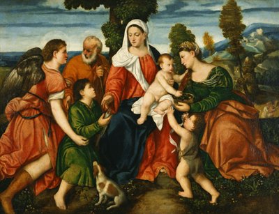 Heilaga fjölskyldan með Tobias og englinum, heilögu Dorothy, Giovannino og kraftaverk kornsins handan by Bonifazio Veronese