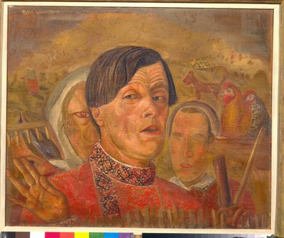 Horoz ve tavuk ile otoportre (Horoz ve tavuk ile otoportre) - Boyama Boris Dmitrievich Grigoriev (1886-1939), yaklaşık 1924 - Tuval üzerine yağlı boya - Boyut: 60.4 x 73.5 cm - Özel koleksiyon by Boris Dmitrievich Grigoriev