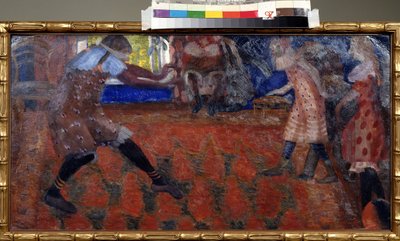Colin Maillard (Kör Adamın Takviyesi). Halı kaplı oturma odasında çocuk oyunları. Boris Dmitryevich Grigoriev (1886-1939), karton üzerine tempera çalışması by Boris Dmitrievich Grigoriev