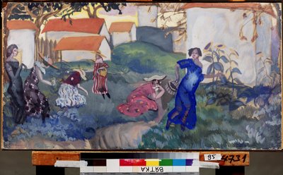 Yaz. Evlerin önündeki bahçede koşan ve oynayan kadınlar. Boris Dmitryevich Grigoriev (1886-1939), kağıt üzerine suluboya ve guaj çalışması by Boris Dmitrievich Grigoriev