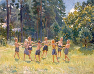 Bir kulübenin yakınında bir açıklıkta çizgili satırlar by Boris Jeremejewitsch Wladimirski