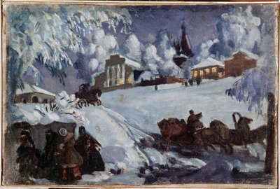 Kış, kızaklar (Kış. Kızak Gezisi). Boris Michaylovich Kustodiev (Koustodiev) (1878-1927), tuval üzerine yağlı boya, yaklaşık 1920. Rus sanatı, 20. yüzyılın başları. Özel koleksiyon. by Boris Mikhailovich Kustodiev