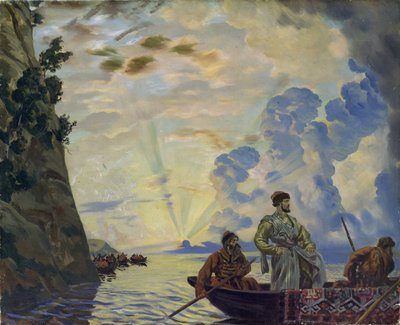 Kazak lideri Stepan (Stenka) Timofeevich Razin (1630-1671) bir teknede. Güney Rusya