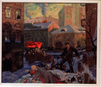 Ekim 1917, Saint Petersburg'da (Ekim 1917, Petrograd'da). Bir kamyon silahlı asker gördüğümüz karlı kasabanın sokaklarında, biri Rus ordusundan bir subayı az önce öldüren bir grup silahlı devrimci arasındaki aksiyon sahnesi by Boris Mikhailovich Kustodiev