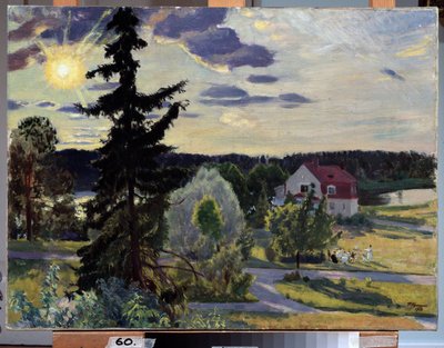 Akşam Manzarası. Bir grup çocuk bir evin önündeki çimenlikte top oynuyor. Boris Michaylovich Kustodiev