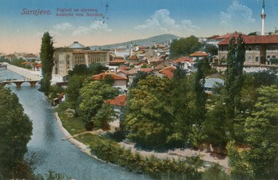 Saraybosna - şehrin kuzeyine bakış. 1913 yılında gönderilen kartpostal. by Bosnian Photographer
