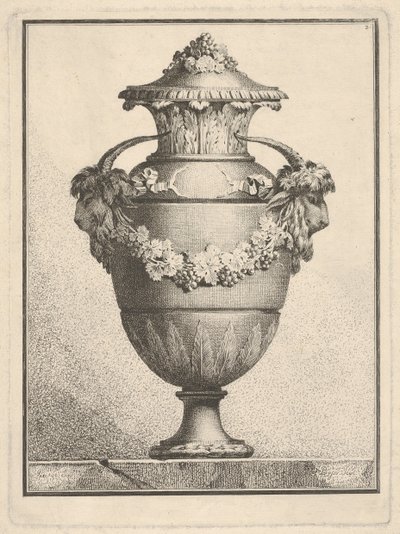 İki keçi başlı ve çelenkli kapalı vazo tasarımı, 1764. by Bossi