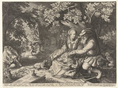 Ölüm ve Aşk Tanrısı birbirlerinin oklarını ateşler ve yaşlı adam genç kadına kur yapar. by Boëtius Adamsz. Bolswert