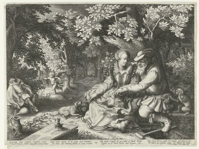 Ölüm ve Aşk Tanrısı birbirlerinin oklarını ateşler ve yaşlı adam genç kadına kur yapar. by Boëtius Adamsz. Bolswert