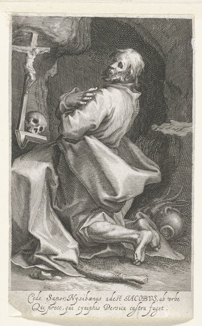 Heilige Jacobus van Nisibis als kluizenaar Nysibaen lezzetine teslim olun (...) Pers ordusu kaçacak (nesne üzerine başlık) Kluizenaars (dizi adı) Kutsal bardağa (...) Kuş babalara verir (dizi başlığı) by Boëtius Adamsz. Bolswert