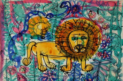 Aslan (akrilik poster rengi ve renkli mürekkepler) by Brenda Brin Booker