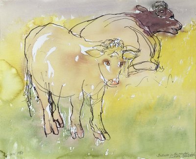 Çayırda Genç Bullocks, 1983 (kağıt üzerinde wc ile kalem ve mürekkep) by Brenda Brin Booker