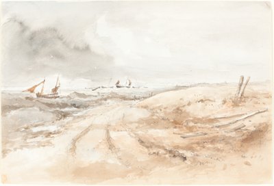 Dalgalı Suda Teknelerle Sahil Manzarası by British 19th Century