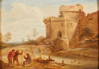 Bir Yolda Figürler ve Hayvanlarla Klasik Bir Peyzaj (tuval üzerine yağlı boya) by British School
