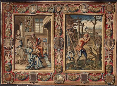 Ocak ve Şubat: “Ateşin yanında bir çift ve bir oduncu”” Mortlake imalatçılarının duvar halısı. 17. yüzyıl Genleri, Musei di Strada Nuova by British School