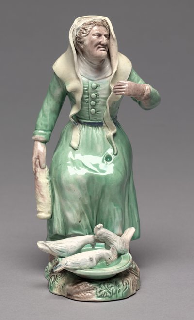 Tavukları Besleyen Yaşlı Kadın, Staffordshire Fabrikası, c.1770 (toprak kap) by British School
