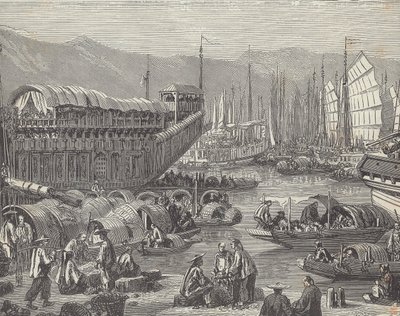 Meşgul limanda gemiler, Şanghay, Çin (gravür) by British School