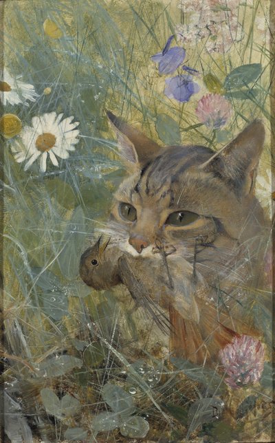 Ağzında Yavru Kuş Olan Bir Kedi, 1885 by Bruno Andreas Liljefors