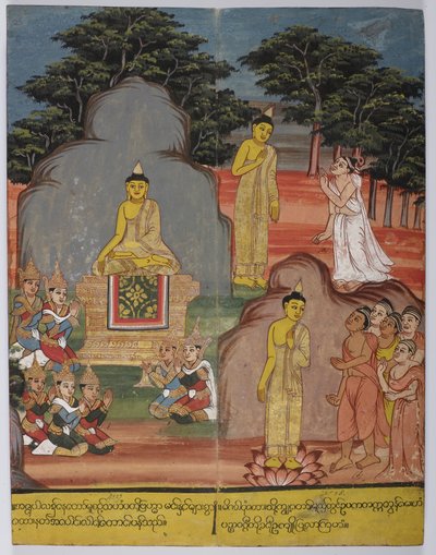 Geyik parkına giderken Buddha beş çileciyle karşılaştı (ortada solda); geyik parkında ilk vaazı verdi. by Burmese School