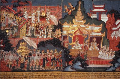 Veya 14297 fol.6-7 Geleceğin Doğuşu Buda, c.1800-20 (kağıt üzerinde guaj) by Burmese School