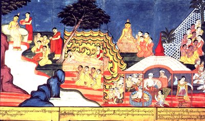 Veya 14298 fol.16-17 The Buddha Bathes, c.1800-20 (kağıt üzerine guaj boya) by Burmese School