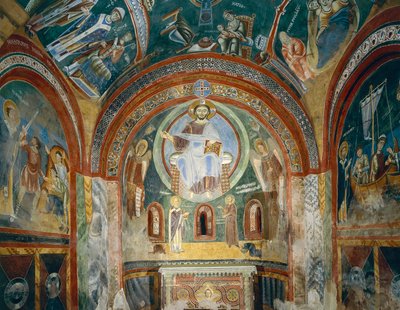 Bizans tarzında Romanesk fresklerle Aziz Eldrad ve Aziz Nikolaos Şapeli, Geç 11. yüzyıl, Novalesa Manastırı, Piedmont, İtalya by Byzantine