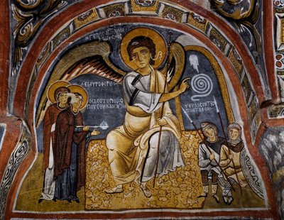 Mezardaki kutsal kadınlar ve Melek görünümü, Bizans freski (12. yüzyıl), Karanlık Kilise (Karanlık Kilise) (12.-13. yüzyıl), Göreme (Unesco Dünya Mirası Listesi) by Byzantine