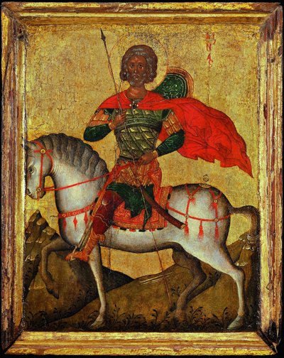 At sırtında Aziz Menas (Minas, Mina, Mena, Mennas, 285-309) - Bizans simgesi. Panelde tempera, 15. yüzyılın ortalarında. Boyut : 27,3x22 cm Ikonen Museum Recklinghausen by Byzantine