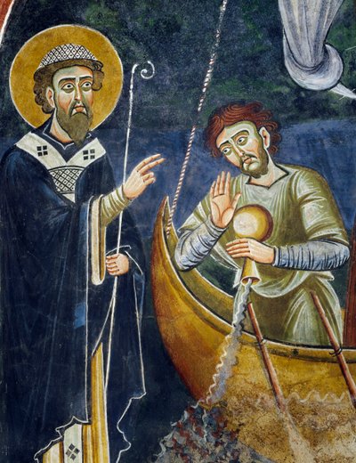 Aziz Nikolaos hacıları gemi enkazından kurtarıyor, Aziz Nikolaos Hikayelerinden Detay, Romanesk fresk, Bizans tarzı, 11. yüzyılın sonları, Aziz Eldrad ve Aziz Nikolaos Şapeli, Novalesa Manastırı, Piedmont, İtalya. by Byzantine
