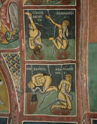 The Lanned: Tefeci ve Günahkar Rahibe (yukarıda), Lapsed rahip ve Kötü Anne (altta) (fresk) by Byzantine