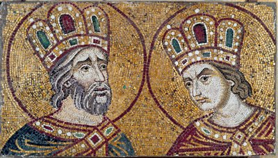 Roma İmparatoru I. Konstantin, annesi Saint Helene ile (mozaik detayı) by Byzantine Byzantine