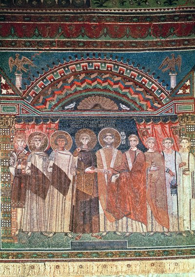 Konstantin IV (654-85) Ravenna kilisesi için Piskopos Reparatus ayrıcalıkları veriyor, 671-77 (mozaik) by Byzantine School