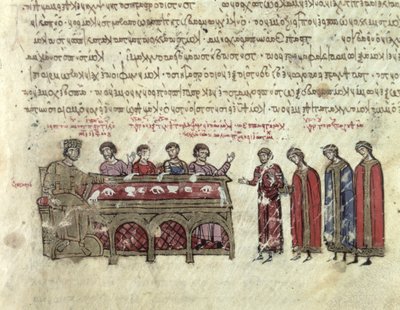 MMS Vitr. 26-7 Madrid Skylitzes'in (parşömen) III. Bölümünden imparator II. Michael (820-829) hakkında tahminler by Byzantine School