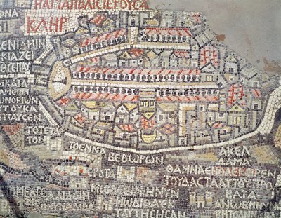 Kudüs Şehri ve çevresi, Madaba mozaik haritasından detay, Bizans, 6. yüzyıl (mozaik) by Byzantine School