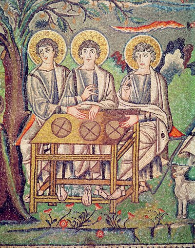 The Three Angels, detail of The Hospitality of Abraham and the Sacrifice of Isaac, 6th century (mosaic) (see 154709) by Byzantine School