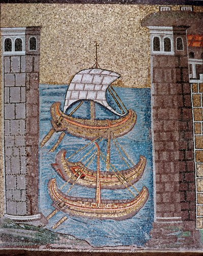 Sınıf limanındaki teknelerin görünümü (Mozaik detayı, 6. yy) by Byzantine School