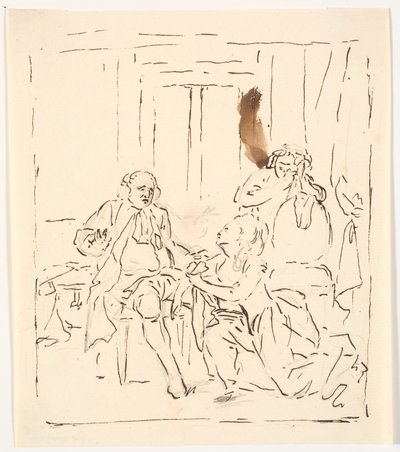 Bir kadın, oturan bir adamın önünde diz çöker. Arka planda bir sandalyeye yaslanmış ağlayan bir kadın. Tiyatro sahnesi? by C.A. Lorentzen