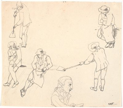 Altı erkek figürü, ikisi kürekli, üçü oturan ve bir erkek profili ile eskiz by C.D. Fritzsch
