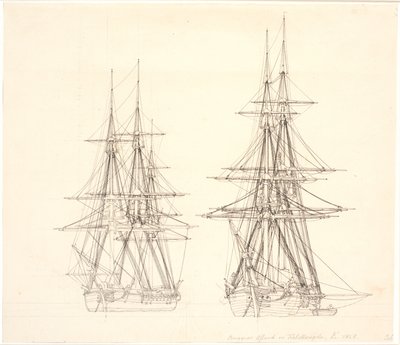 Bir korvet ve demirlemek için bir gemi. by Christoffer Wilhelm Eckersberg