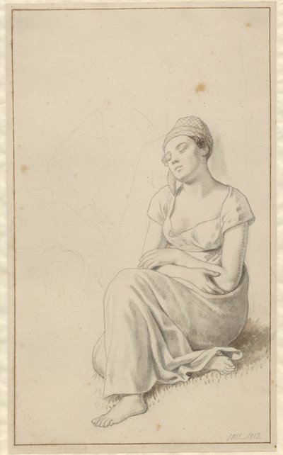 Bir kayaya yaslanmış oturan ve uyuyan bir kadın. by Christoffer Wilhelm Eckersberg