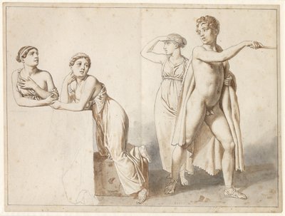 Antika kostümlü dört çalışma figürü, üç kadın ve bir erkek. by Christoffer Wilhelm Eckersberg