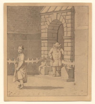 Genç bir kızın elbisesini biraz yukarı kaldırdığı sokak sahnesi; arka planda bastonlu yaşlı bir adam by Christoffer Wilhelm Eckersberg