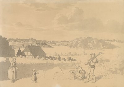 Orman ve tarlalarla çevrili bir göl ile manzara, ön planda küçük bir çocukla oynayan çiftçiler by Christoffer Wilhelm Eckersberg