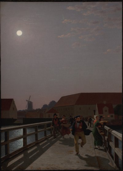 Langebro, Kopenhag, Ay Işığında Koşu Figürleriyle by Christoffer Wilhelm Eckersberg