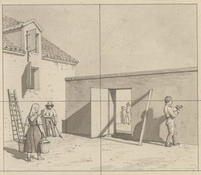 Resim sanatına uygulanan doğrusal perspektif - kullanılmayan illüstrasyonun taslağı - dört çiftçi ve zanaatkarla birlikte Danimarka avlusu. by Christoffer Wilhelm Eckersberg