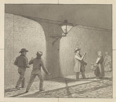 Resim sanatına uygulanan doğrusal perspektif, Levha VIII, şek. 1 - Sokak lambası altında gece trafiği. by Christoffer Wilhelm Eckersberg