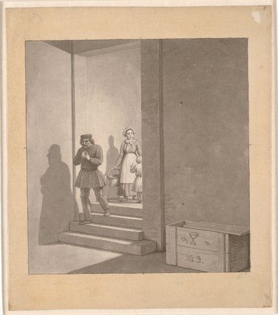 Merdivenlerden aşağı yürüyen adam, arka planda kadın ve çocuk by Christoffer Wilhelm Eckersberg