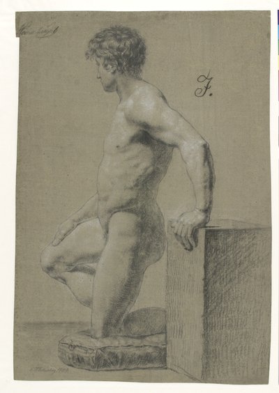 Diz çökmüş erkek model figürü, soldaki profil by Christoffer Wilhelm Eckersberg