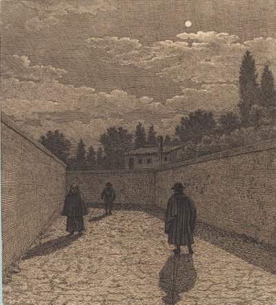 Üç figürlü bir yol üzerinde ay ışığı. "Doğrusal Perspektif" için İllüstrasyon, Plaka IV by Christoffer Wilhelm Eckersberg